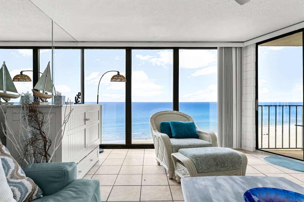 Living room seating with water view