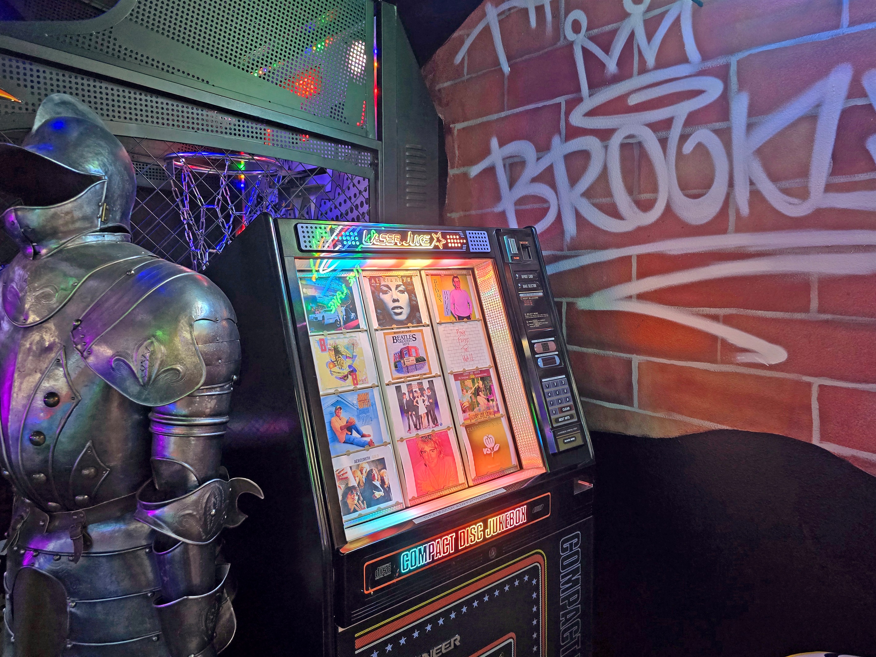 Play your favorite songs on the jukebox operated with Alexa. Just say, "Alexa, play country music" or "Alexa, play the Beatles."