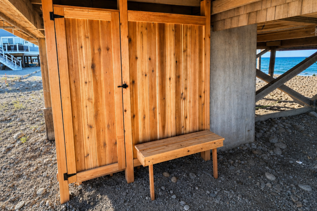 Convenient outdoor shower area makes it easy to rinse off after a day of sand, sun, and saltwater.