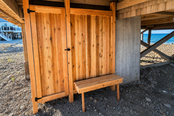Convenient outdoor shower area makes it easy to rinse off after a day of sand, sun, and saltwater.