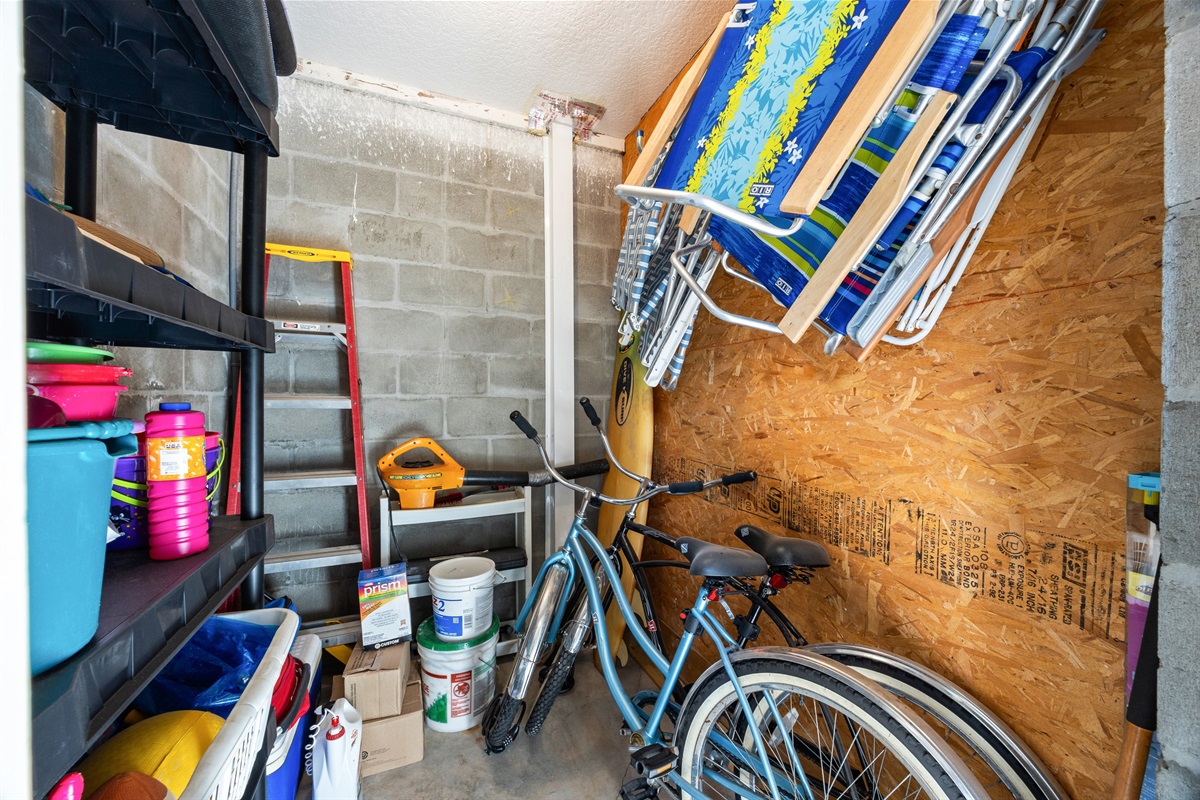 Storage area with bikes and beach gear.