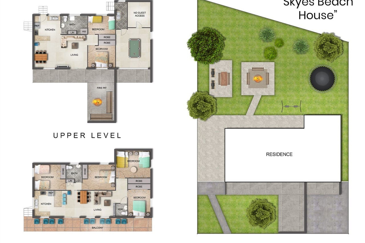 Set close to Malua Bay Beach, this layout shows how the home, decks and backyard areas fit together for the stay.