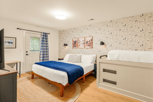 Lower level / basement bedroom with king bed and unique twin platform bed - perfect for any mix of ages.