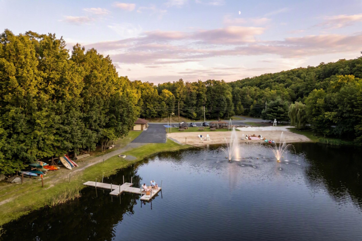 Lake with swimming area and beach