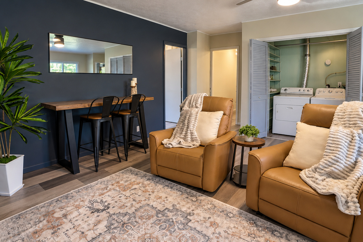 Laundry tucked behind bifold doors in the family room—stay connected while loads get done!