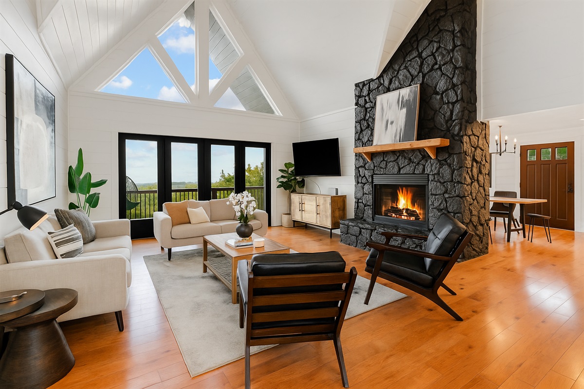 Bold and beautiful, this black stone fireplace is the heart of the chalet.