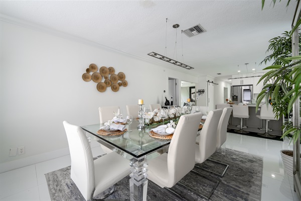 Luxury dining space with seating for large groups