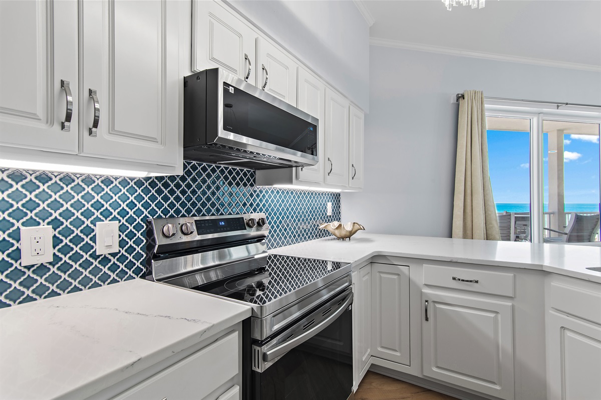 Stainless steel appliances and custom cabinetry