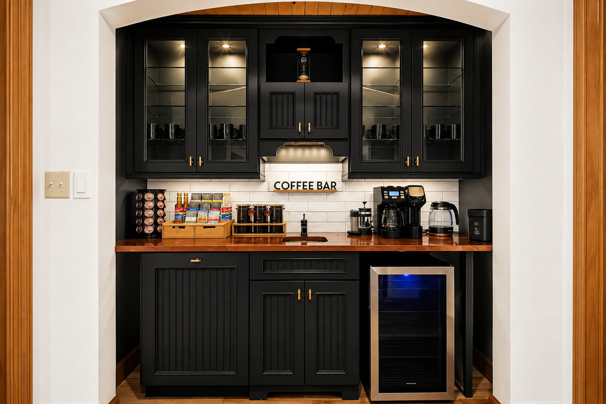 {Coffee Bar} Fully stocked coffee station with multiple brew options, syrups, teas, mugs, and a beverage fridge—everything your group needs for easy mornings enjoying the views.