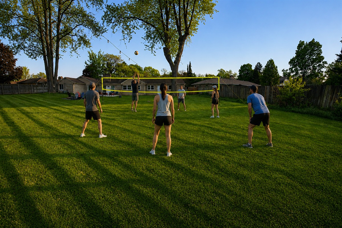 Let's play volleyball! Net already set up in the backyard ready for action