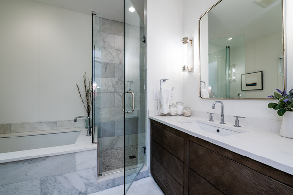 Marble tile, quartz countertop