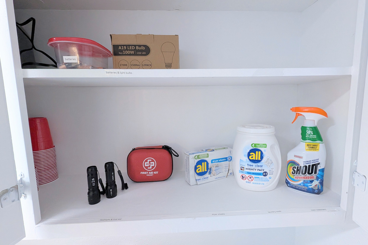 For your convenience, the laundry area includes complimentary allergen-free detergent, stain treatment spray, and dryer sheets, as well as emergency essentials such as batteries, flashlights, a first aid kit, and extra light bulbs. 