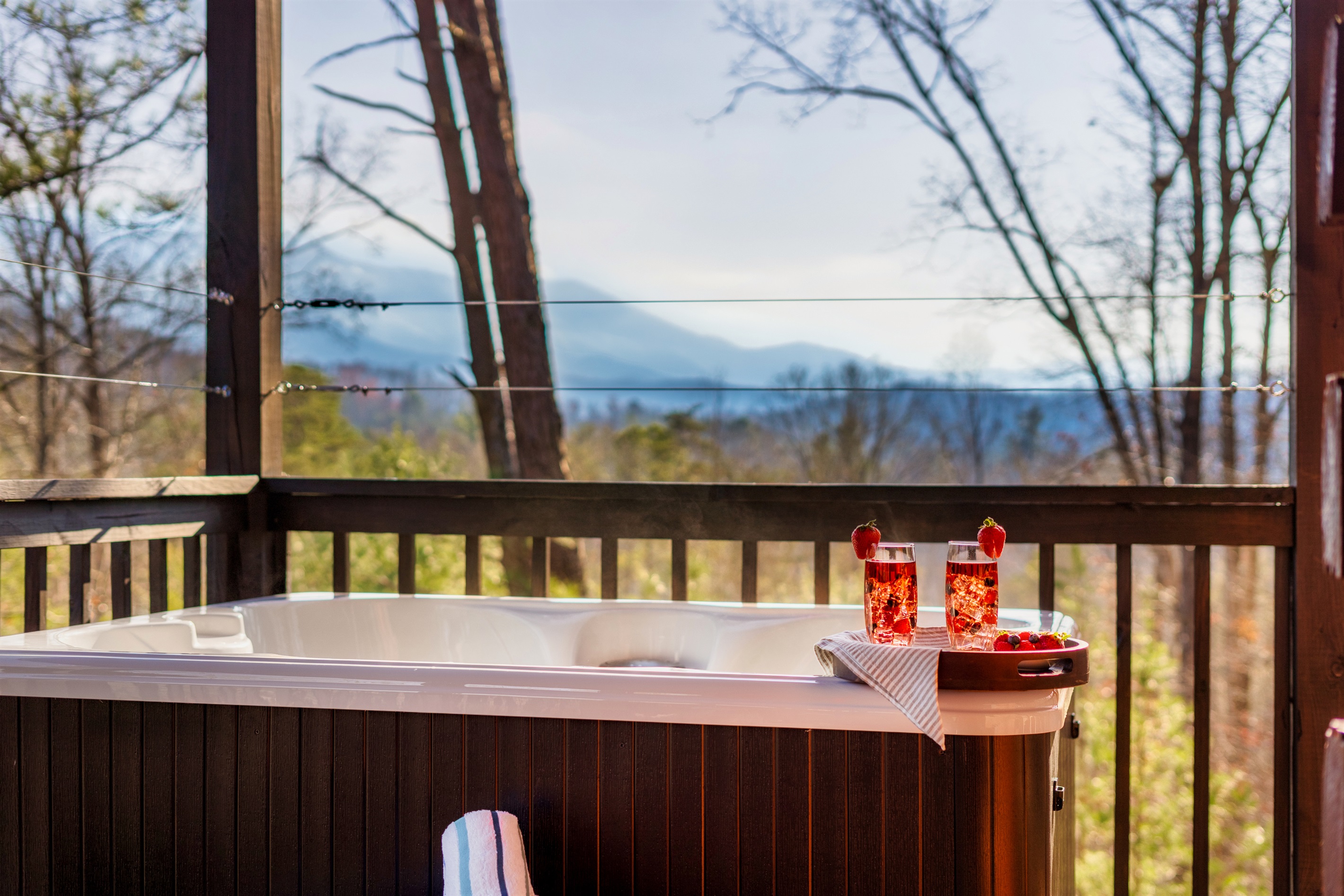 Imagine soaking in these mountain views were soaking away your worries in one of our TWO hot tubs.