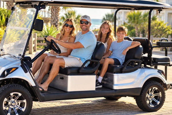 AI-created family lifestyle illustration. FREE 6-seat golf cart included with your stay. See property photos for the actual cart and home.