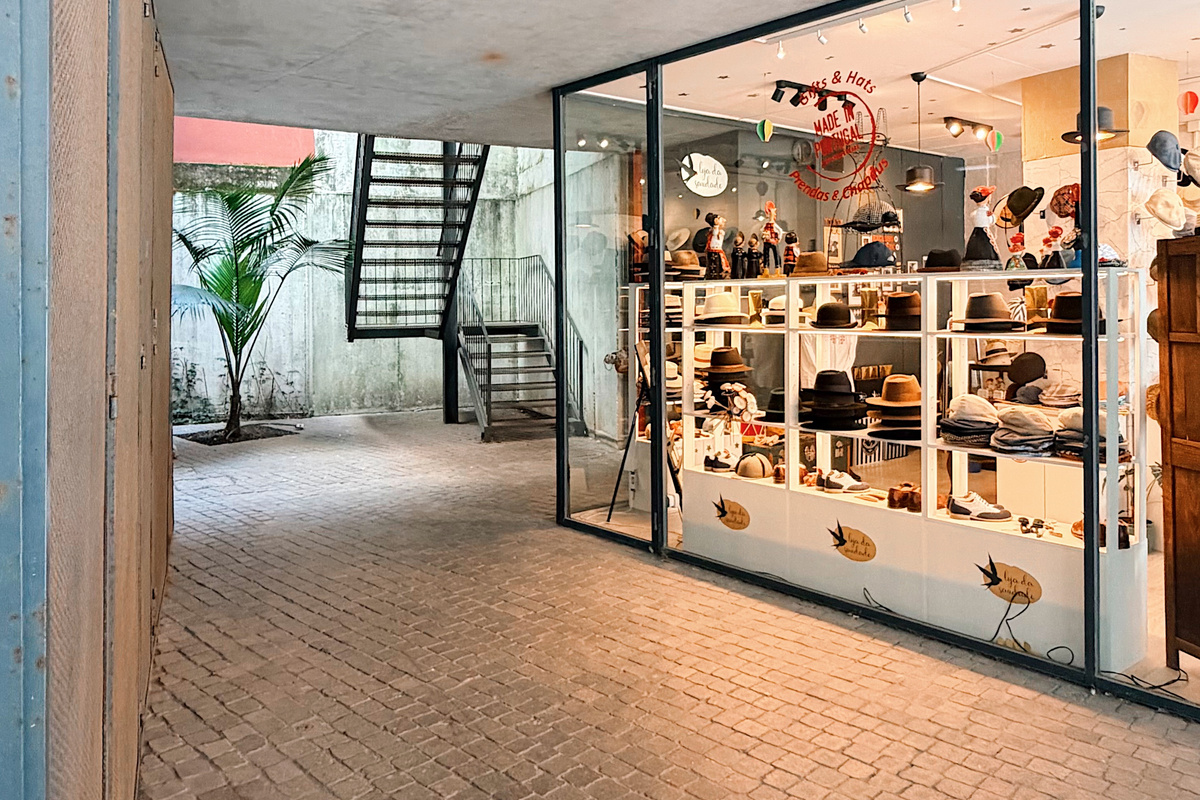 Entry atrium with hat shop downstairs.