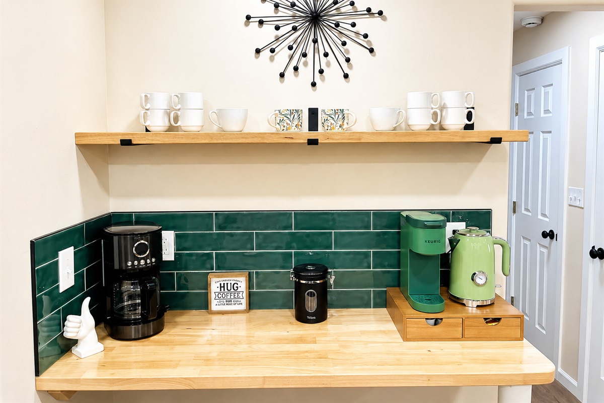 Coffee bar with Cuisnart Drip Coffee, Keurig and electric Kettle for tea.