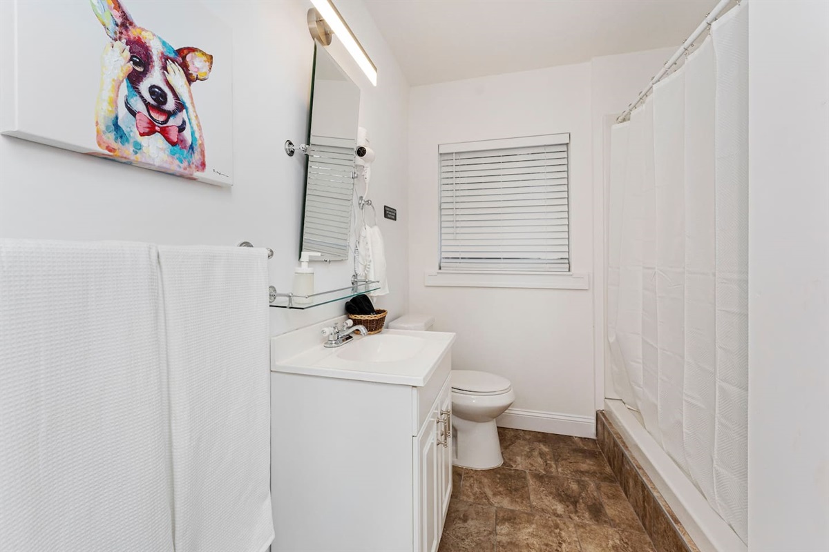 Airy full bath w/ roomy shower & bright light