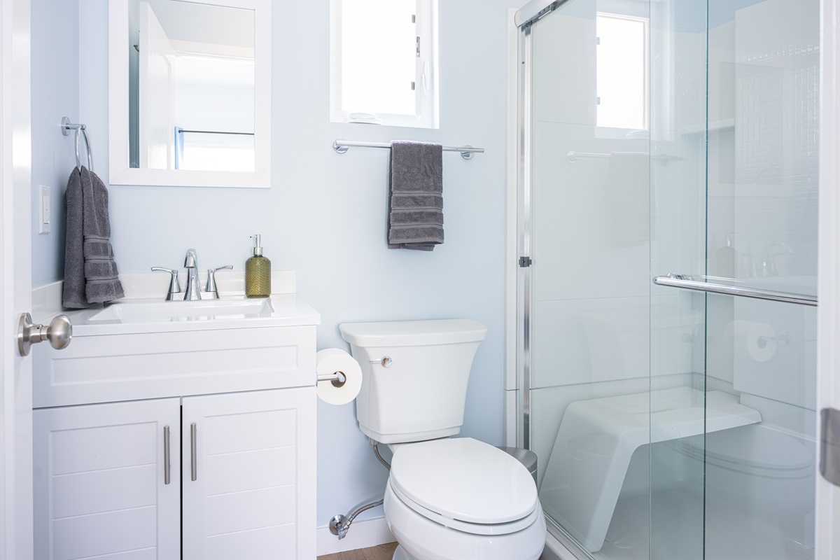 Ensuite bathroom with walk in shower and bench