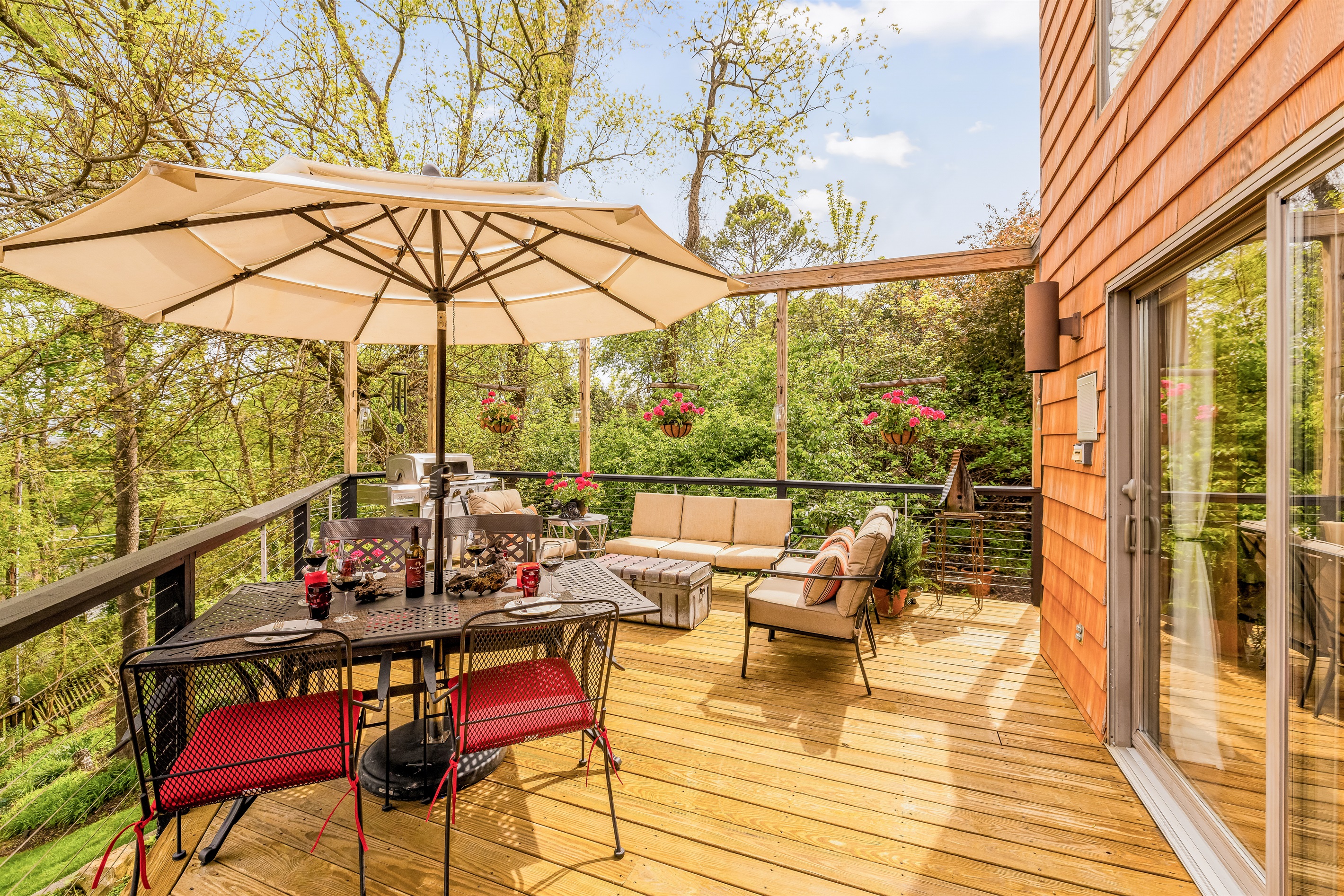 Eat, relax, grill, watch the koi, and sunsets coloring the trees.