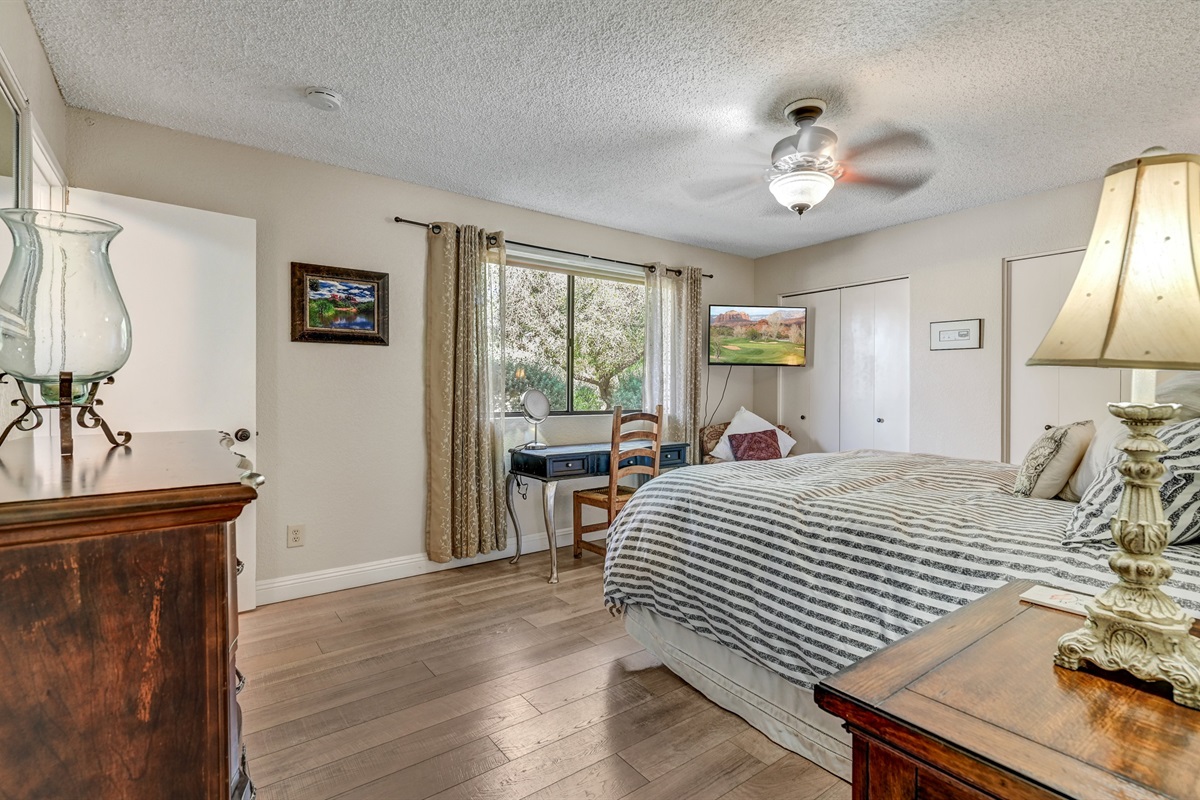 Primary with King Bed and view of Amaing back yard.     Television.  Pleny of closet space.