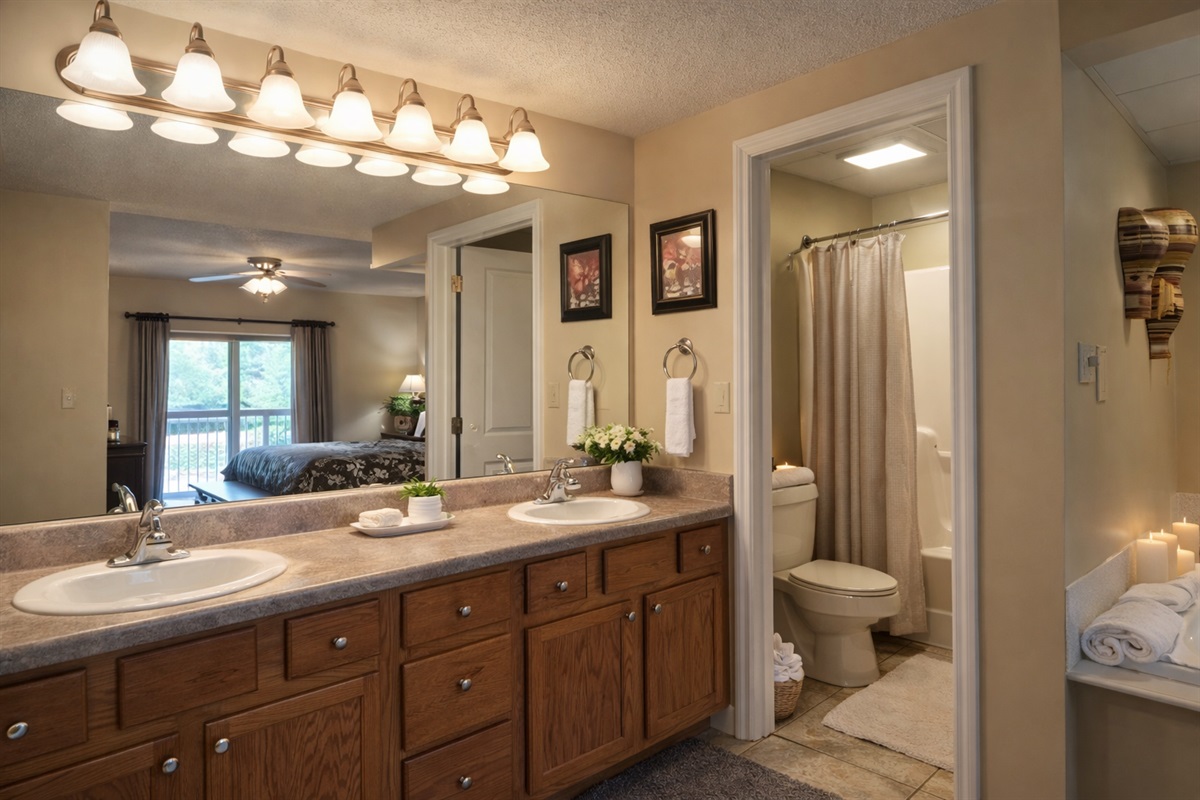 Spa-inspired bathroom with double vanity and jacuzzi tub — unwind after hiking in the Great Smoky Mountains National Park.