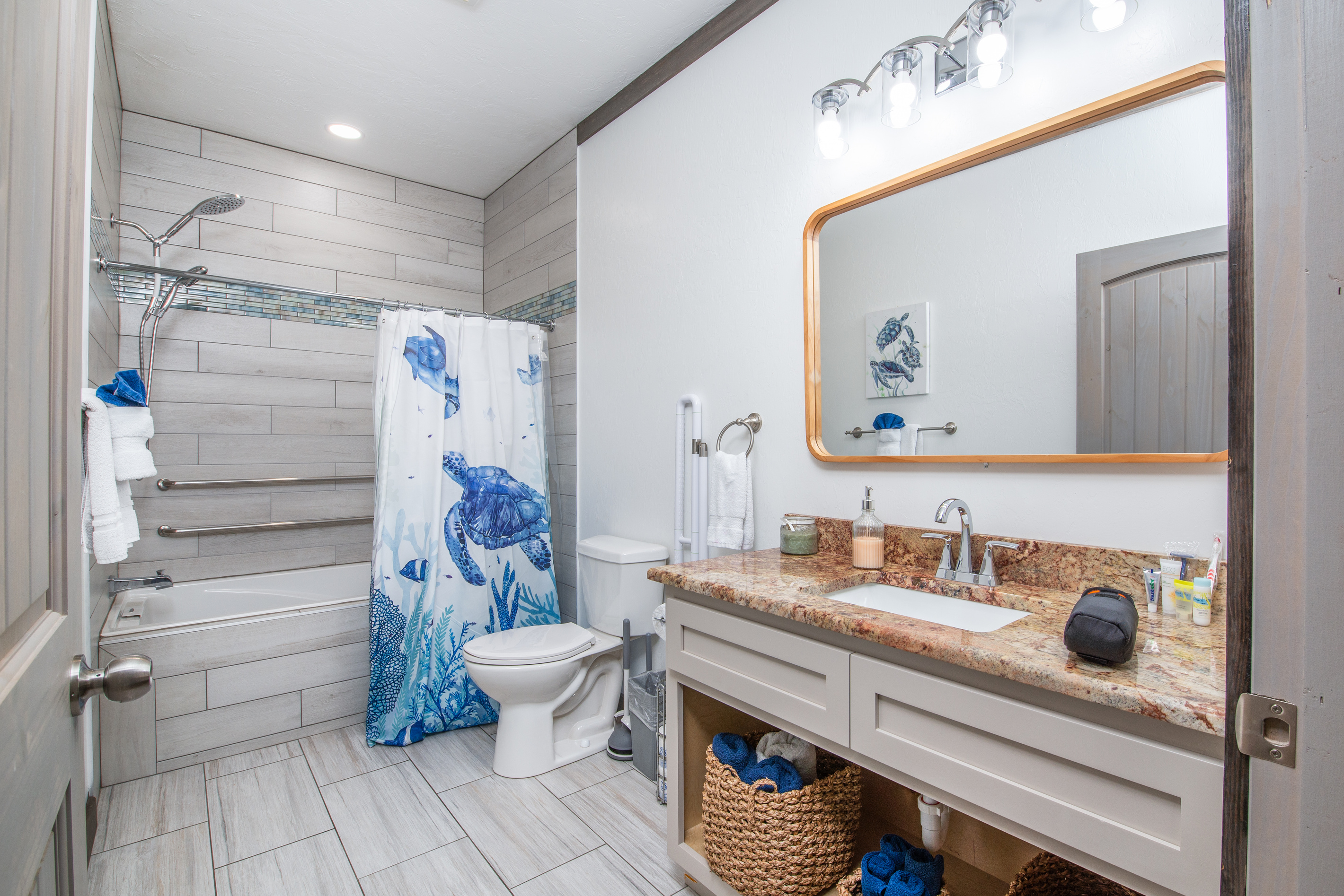 Guest bath featuring step-free access, a wide doorway, and grab rails at the toilet and in the shower for enhanced accessibility.