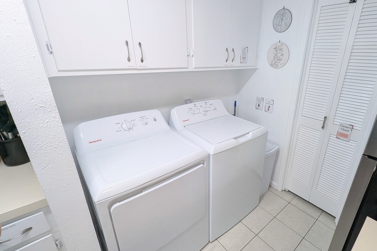 A full-sized washer and dryer are available for guest use, complete with detergent, stain treatment spray, and dryer sheets.