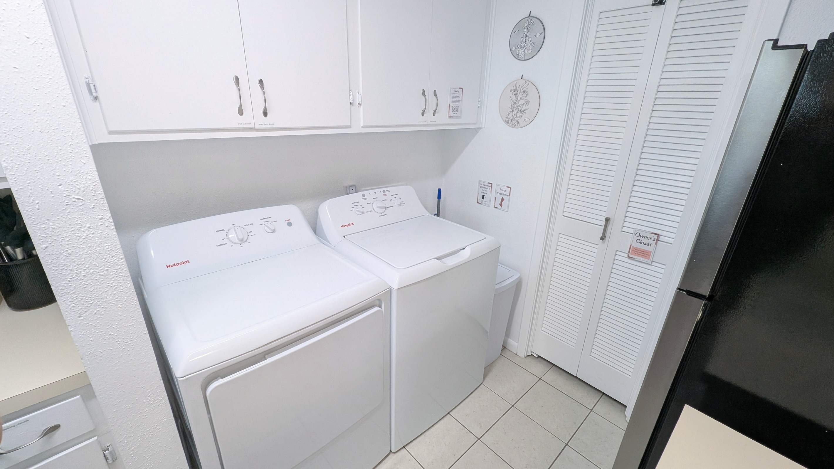 A full-sized washer and dryer are available for guest use, complete with detergent, stain treatment spray, and dryer sheets.