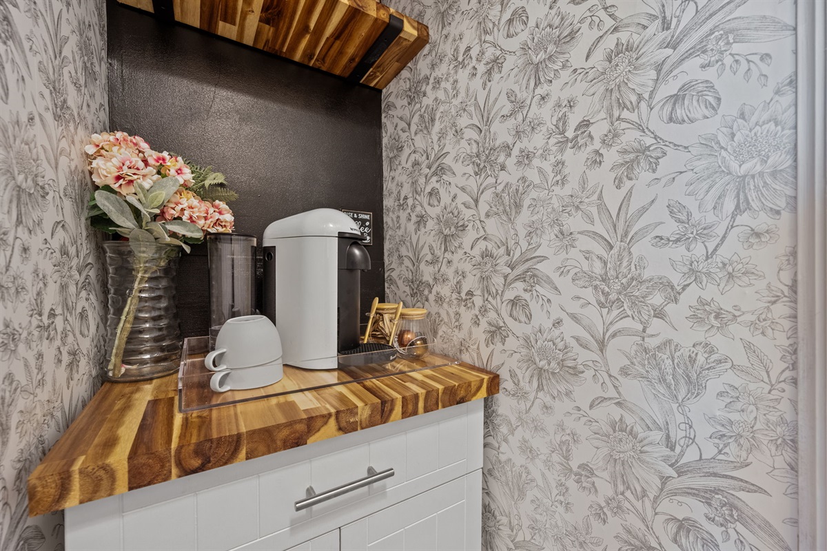 Dedicated coffee station with Keurig and essentials for your perfect morning cup