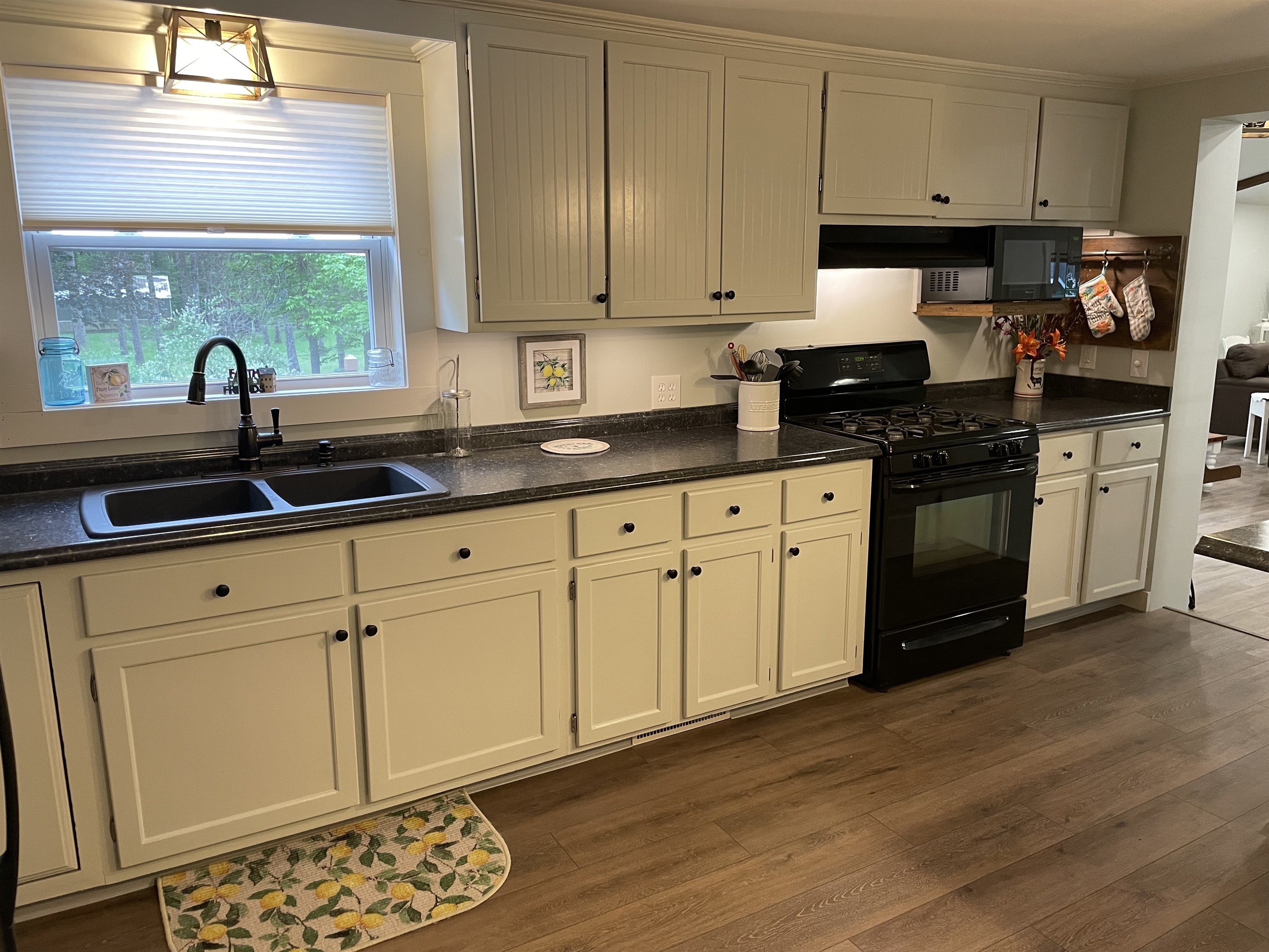 Kitchen overlooking rear deck and backyard