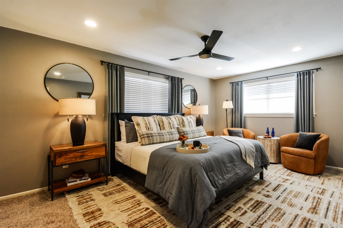 Sweet Dreams, Western Style → Plush king bed, luxe linens & rustic touches create the perfect retreat after a day of fun.