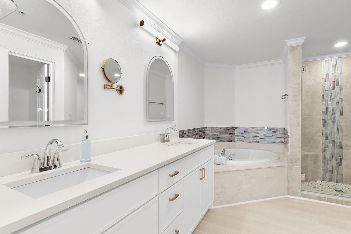 Master Remodeled Bathroom with Dual Vanity, Walk in Shower, and Soaker Tub