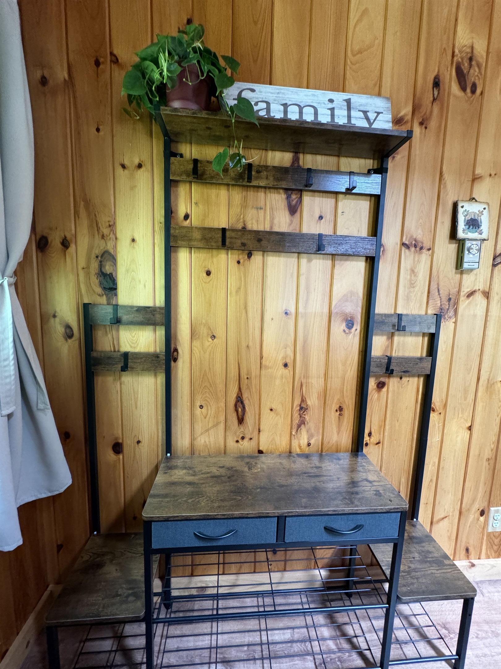 Coat rack and shoe bench in living room
