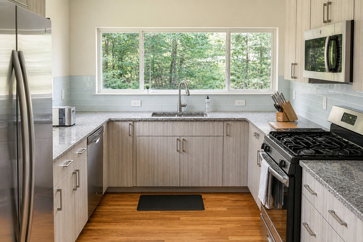 Full kitchen with granite counters, a gas range and a wall of windows onto the woods