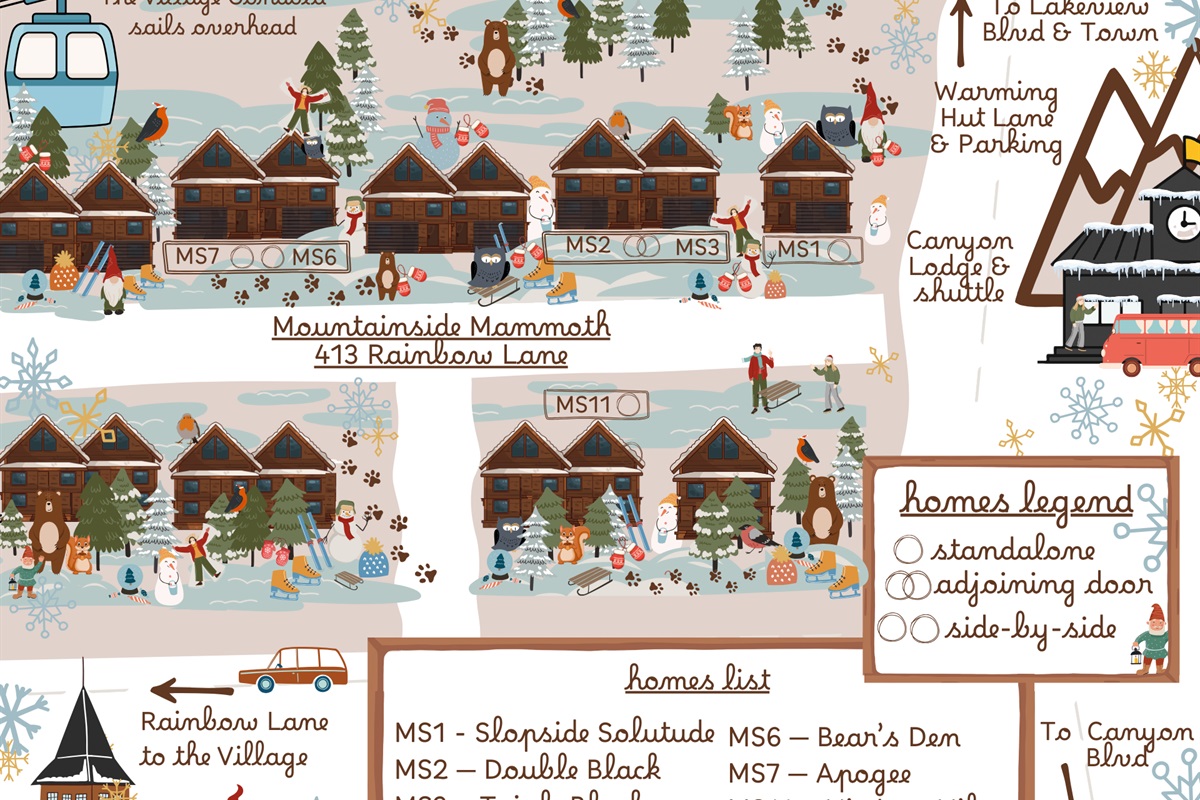 Mountainside Mammoth, where Vintage Vibes is located, is a boutique collection of modern townhomes offering immediate access to Canyon Lodge, designed for guests who want to live right at the heart of Mammoth’s mountain experience.