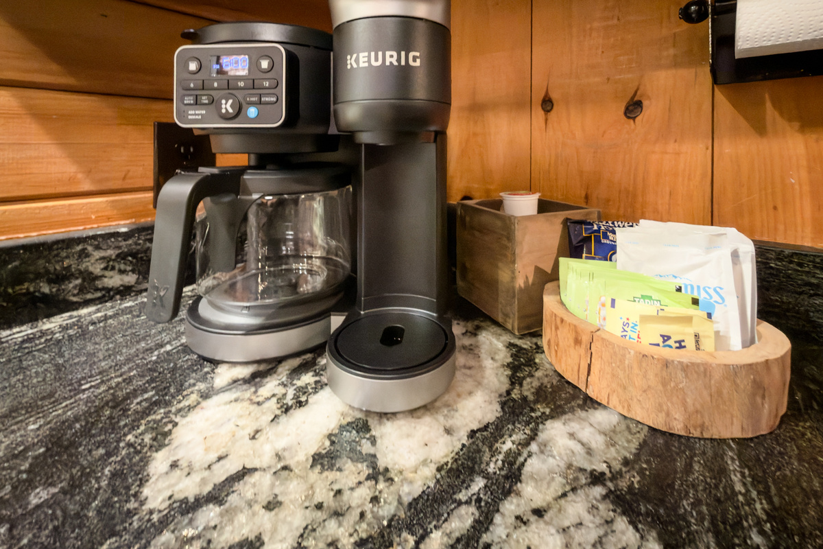 Coffee station with a Keurig.