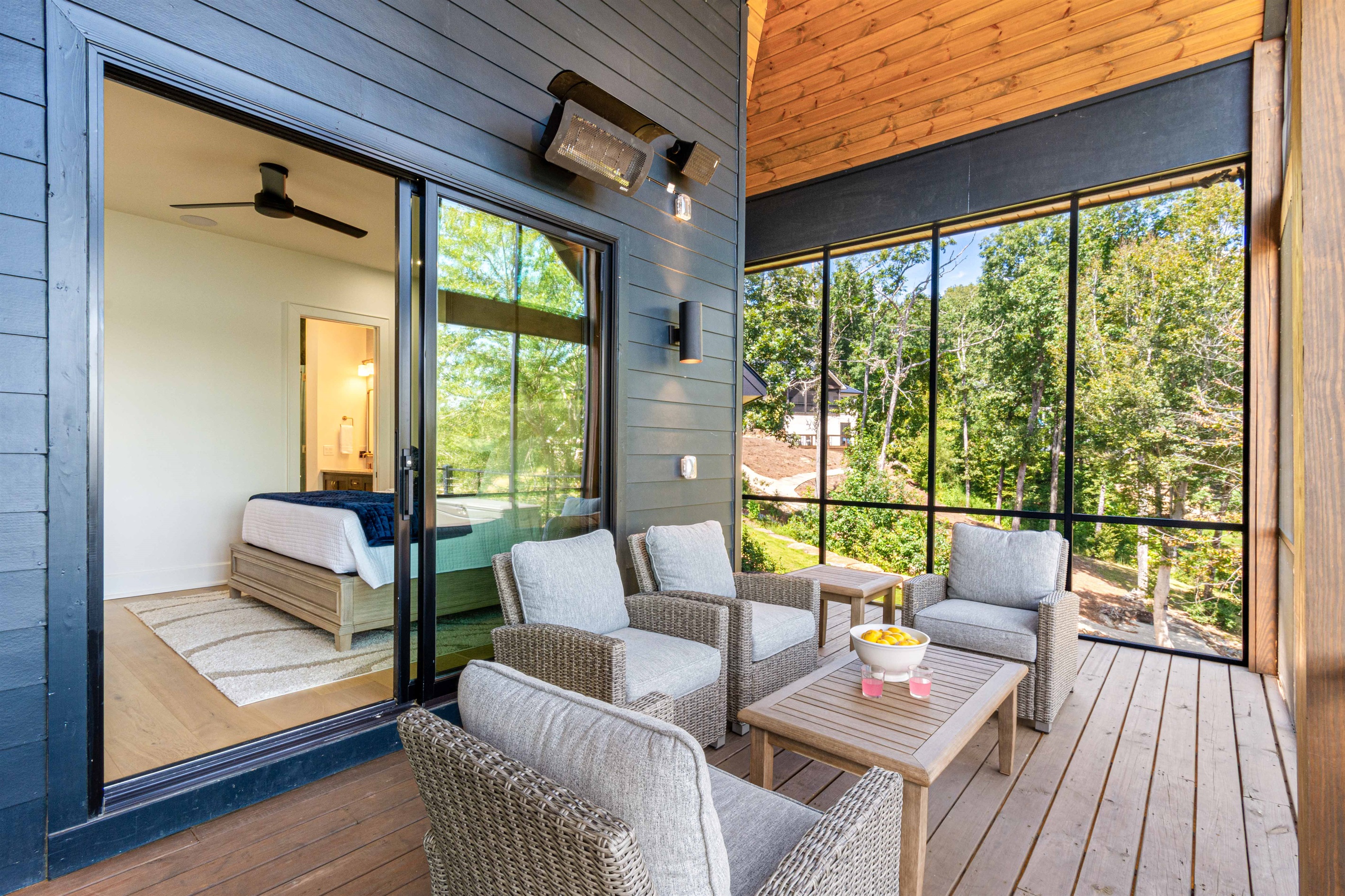 Primary bedroom screened porch and gas heater