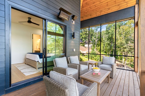 Primary bedroom screened porch and gas heater
