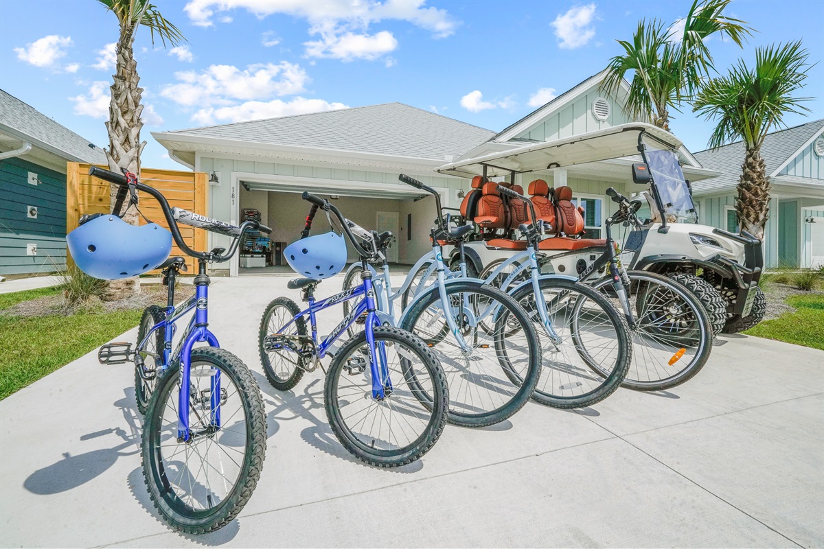 Adventure-ready garage with 6-seater golf cart & Bikes