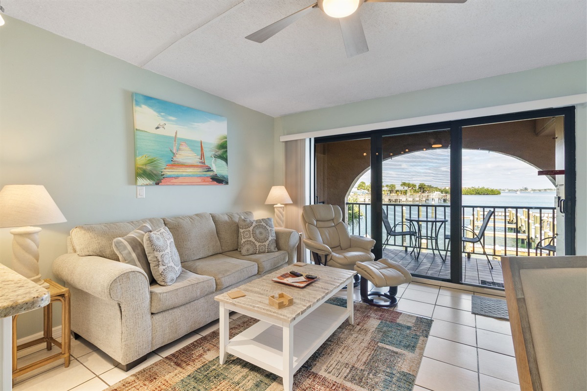 Living area has queen-sized pull-out sofa.