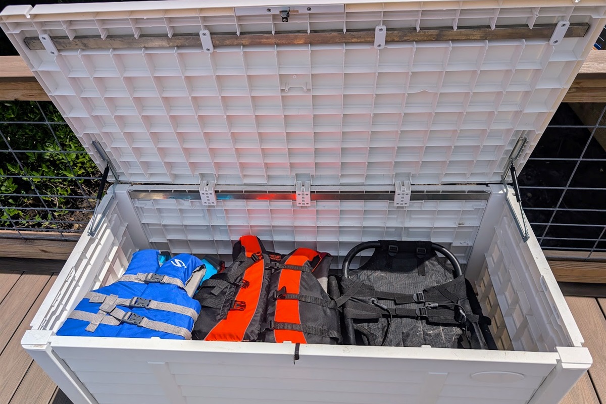 Life jackets and kayak seats located on back deck