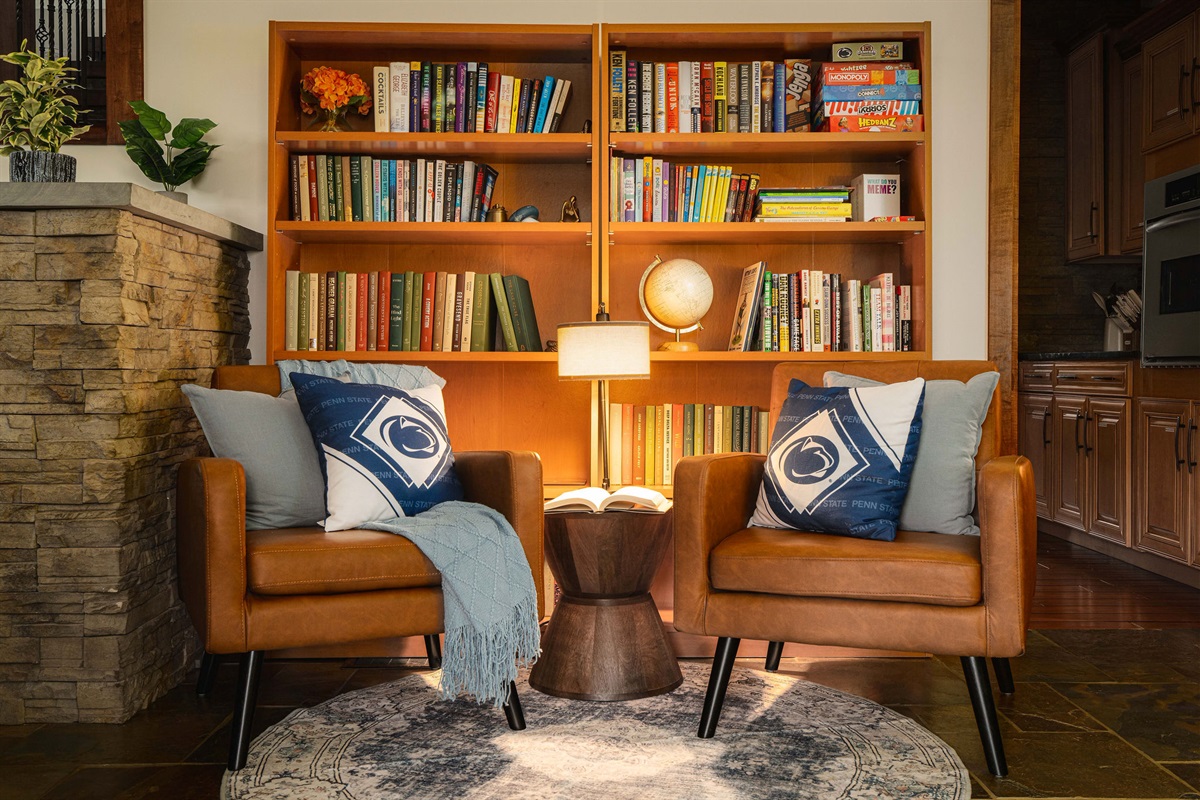 Comfortable, cozy seating tucked beside the library — a quiet spot to read, relax, or unplug.