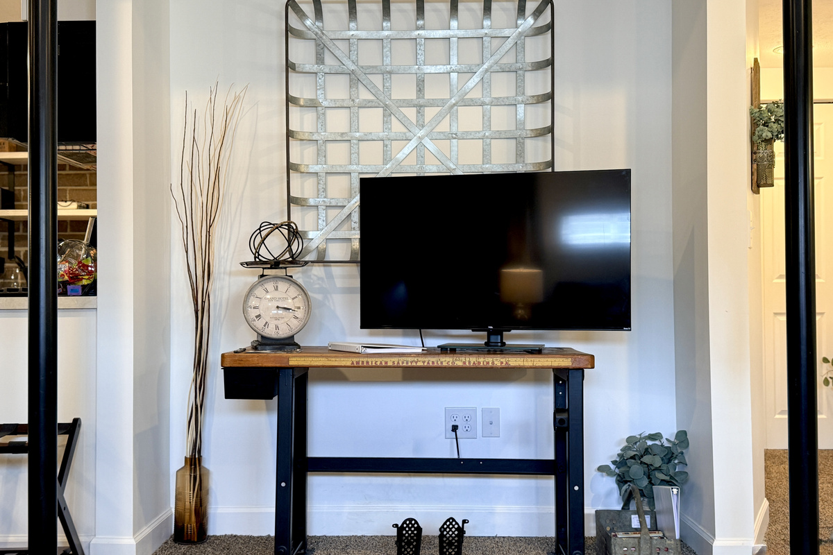Smart TV is positioned for easy viewing from the bed and living area.