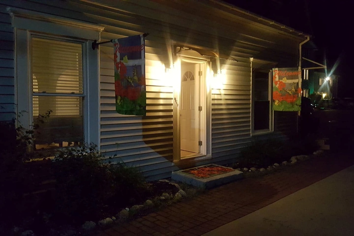 Outside of house at dusk.