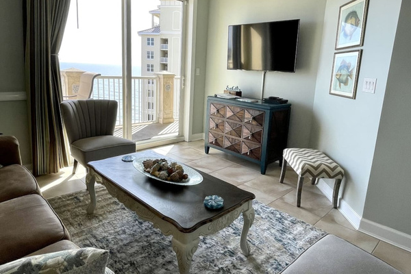 Living room with view of blue waters of the gulf