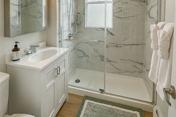 Professionally cleaned bathroom with full shower, fresh hotel quality towels, and stocked essentials for a comfortable stay.