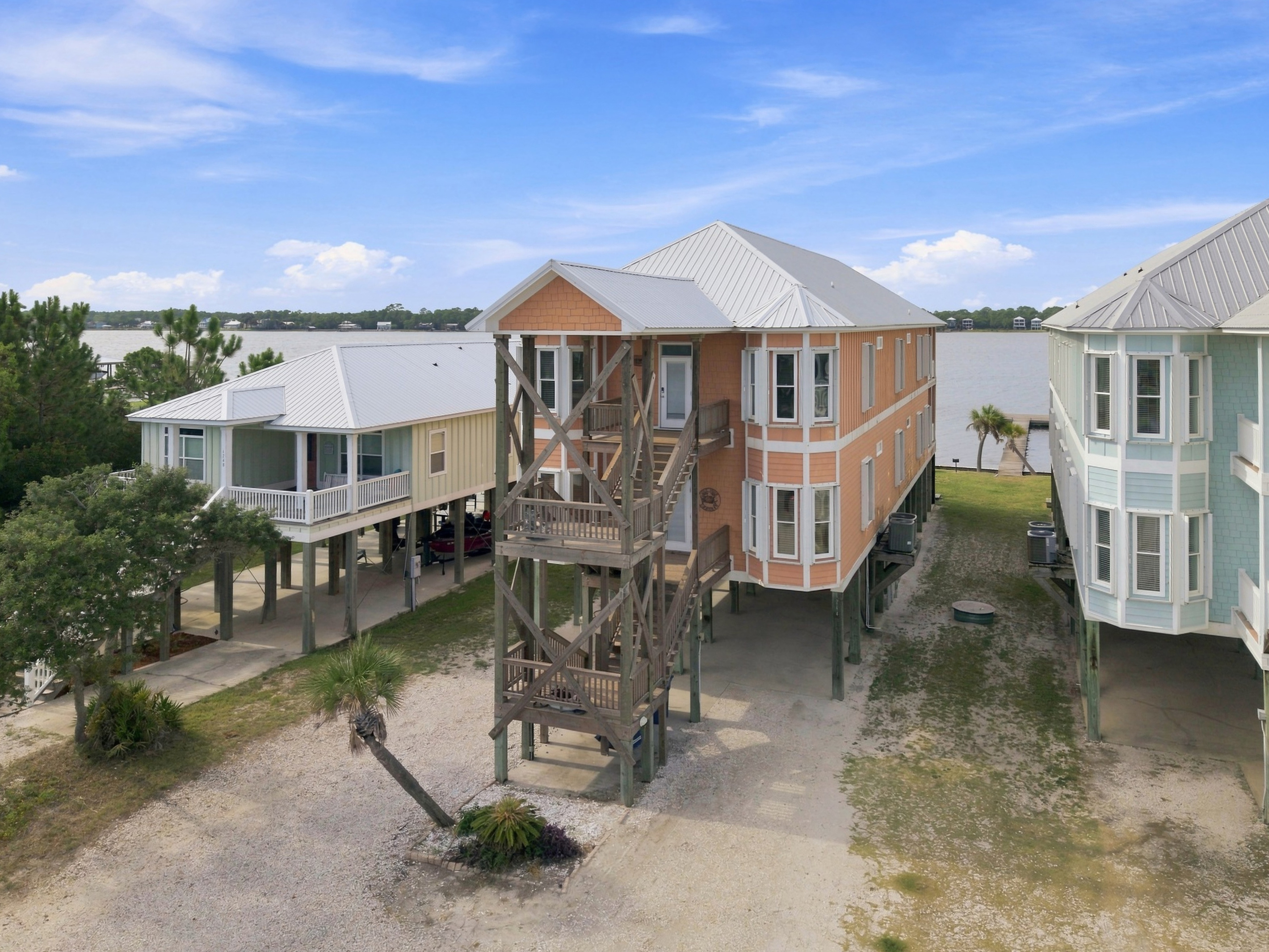 Front exterior of the elevated coastal home