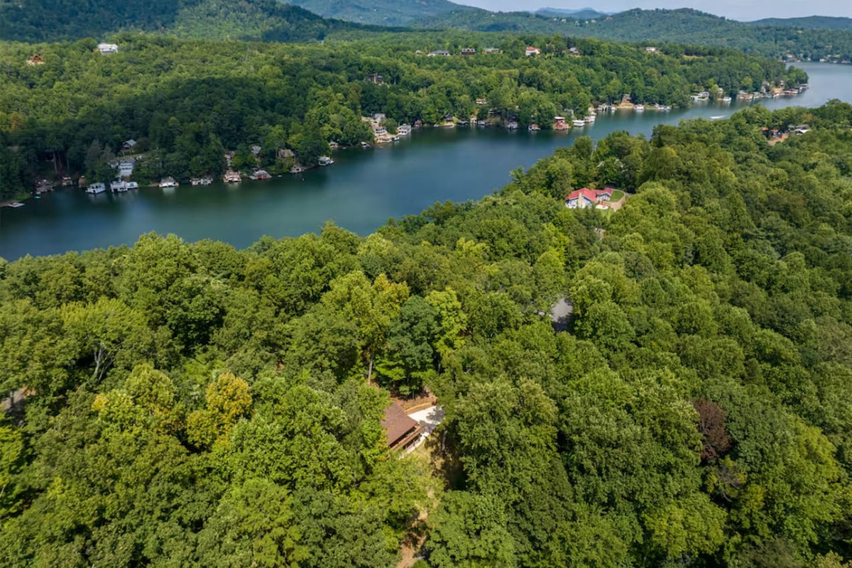 Upper view drone footage of the cabin  