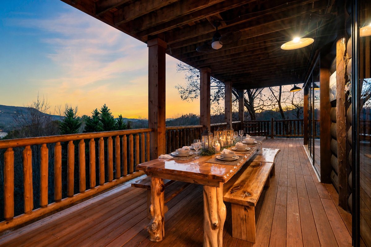 Imagine sharing a memorable meal while taking in breathtaking Smoky Mountain views from the covered deck. Whether it’s a sunrise breakfast, an afternoon gathering, or dinner at sunset, this outdoor dining space offers the perfect setting to make lasting me