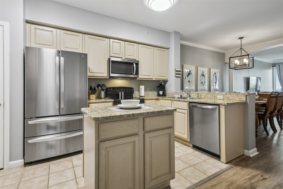 Kitchen, island, looking into dining.